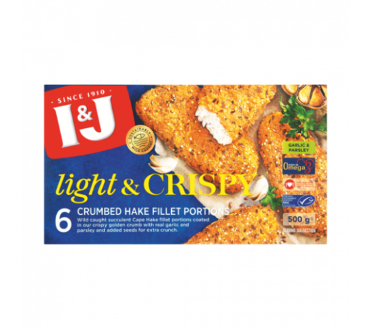 I&J Light & Crispy Garlic & Parsley Crumbed Hake Fillet Portions 500g